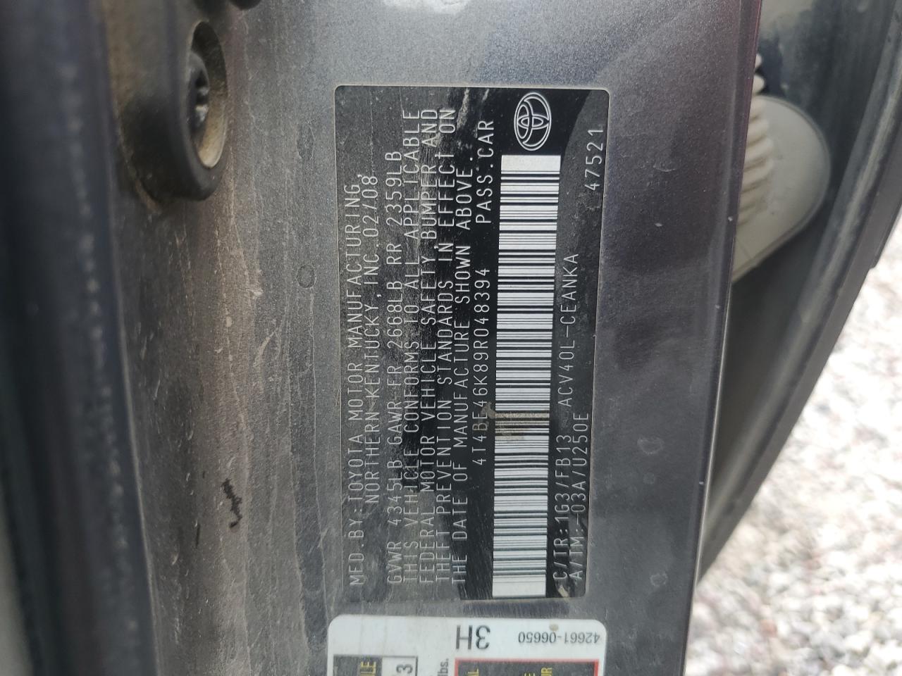 2009 Toyota Camry Base VIN: 4T4BE46K89R048394 Lot: 86178815