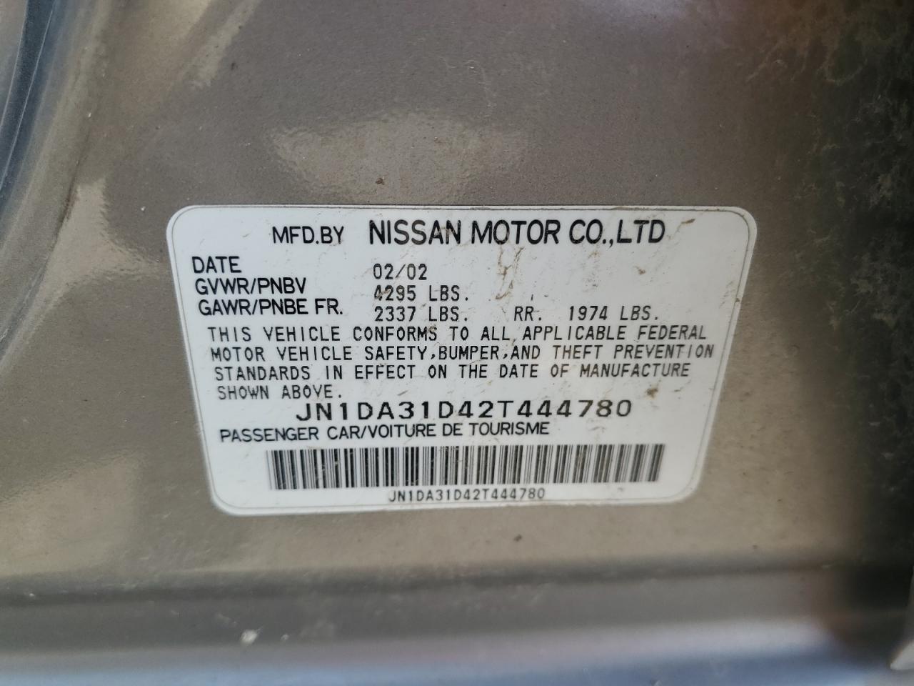 2002 Nissan Maxima Gle VIN: JN1DA31D42T444780 Lot: 57103655