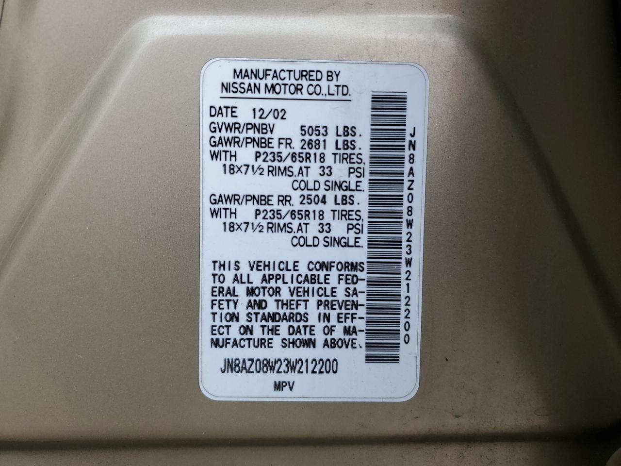 2003 Nissan Murano Sl VIN: JN8AZ08W23W212200 Lot: 55386665