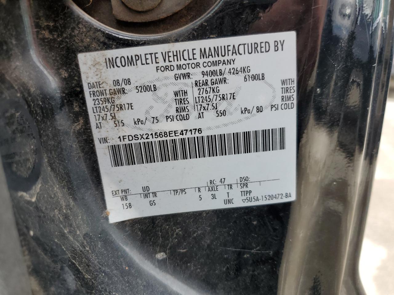 2008 Ford F250 Super Duty VIN: 1FDSX21568EE47176 Lot: 54058325