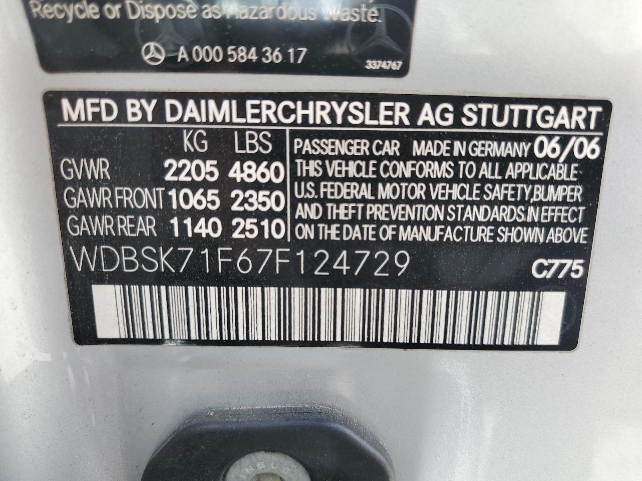 2007 Mercedes-Benz Sl 550 VIN: WDBSK71F67F124729 Lot: 56720475