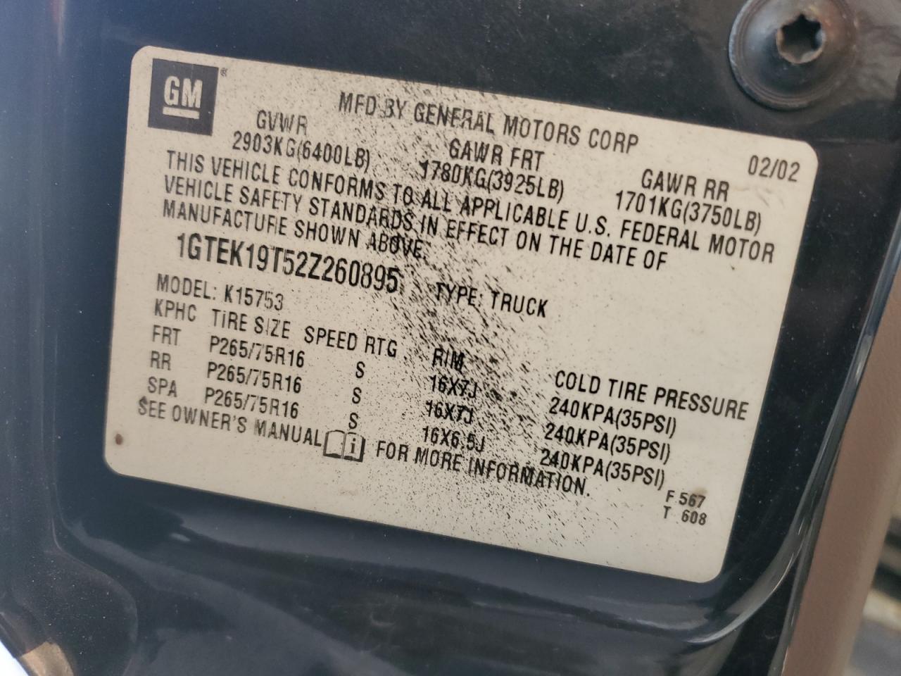 2002 GMC New Sierra K1500 VIN: 1GTEK19T52Z260895 Lot: 57785405