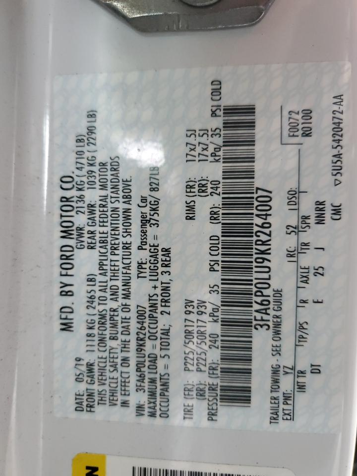 2019 Ford Fusion Se VIN: 3FA6P0LU9KR264007 Lot: 54025965