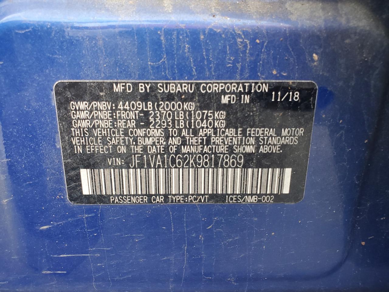 2019 Subaru Wrx Premium VIN: JF1VA1C62K9817869 Lot: 58161845