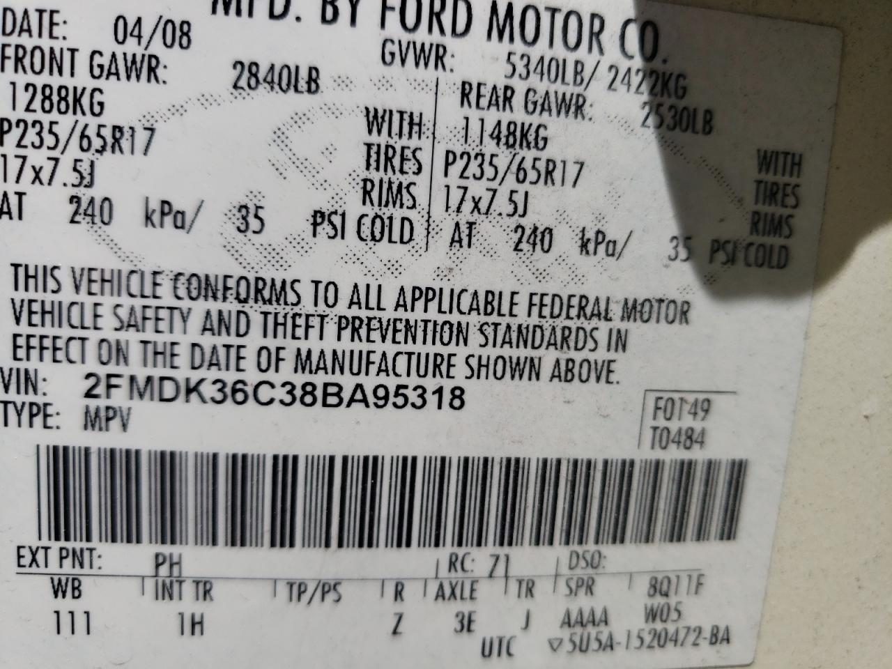 2008 Ford Edge Se VIN: 2FMDK36C38BA95318 Lot: 57725145