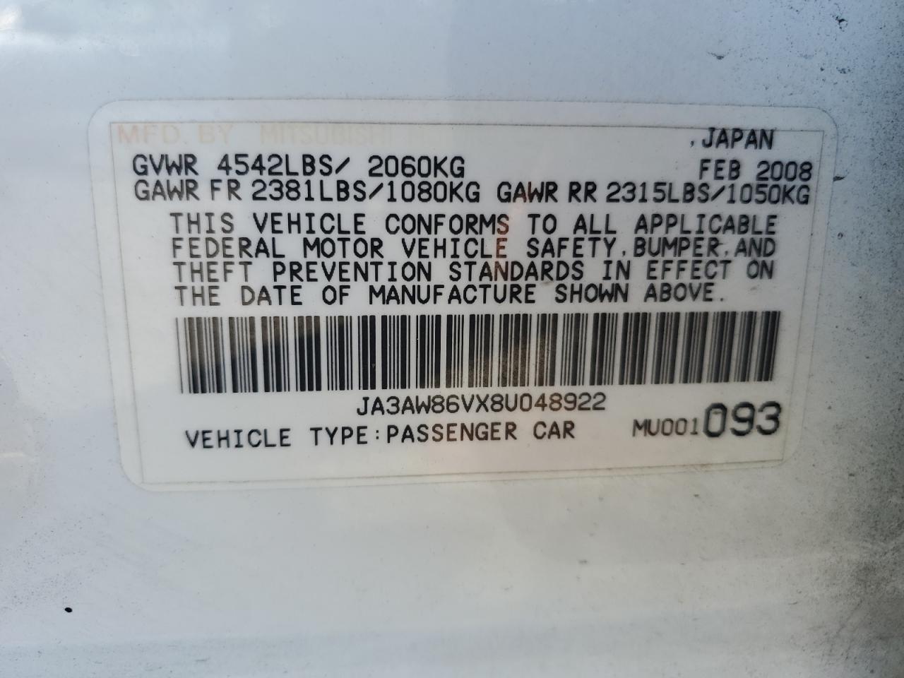 2008 Mitsubishi Lancer Evolution Gsr VIN: JA3AW86VX8U048922 Lot: 57359705