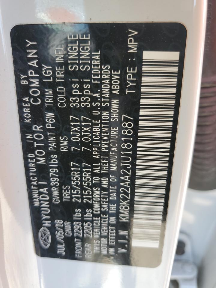 2018 Hyundai Kona Sel VIN: KM8K22AA2JU181887 Lot: 57231585