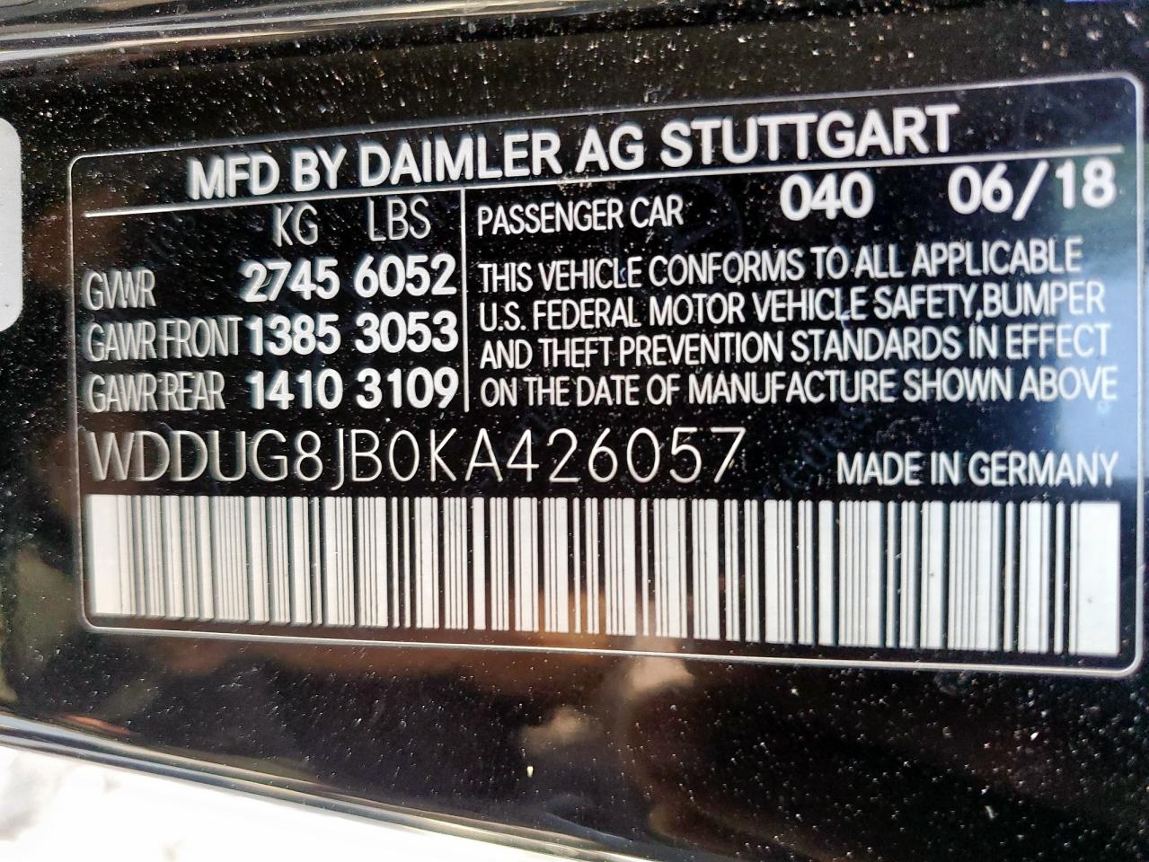2019 Mercedes-Benz S 63 Amg 4Matic VIN: WDDUG8JB0KA426057 Lot: 57898595