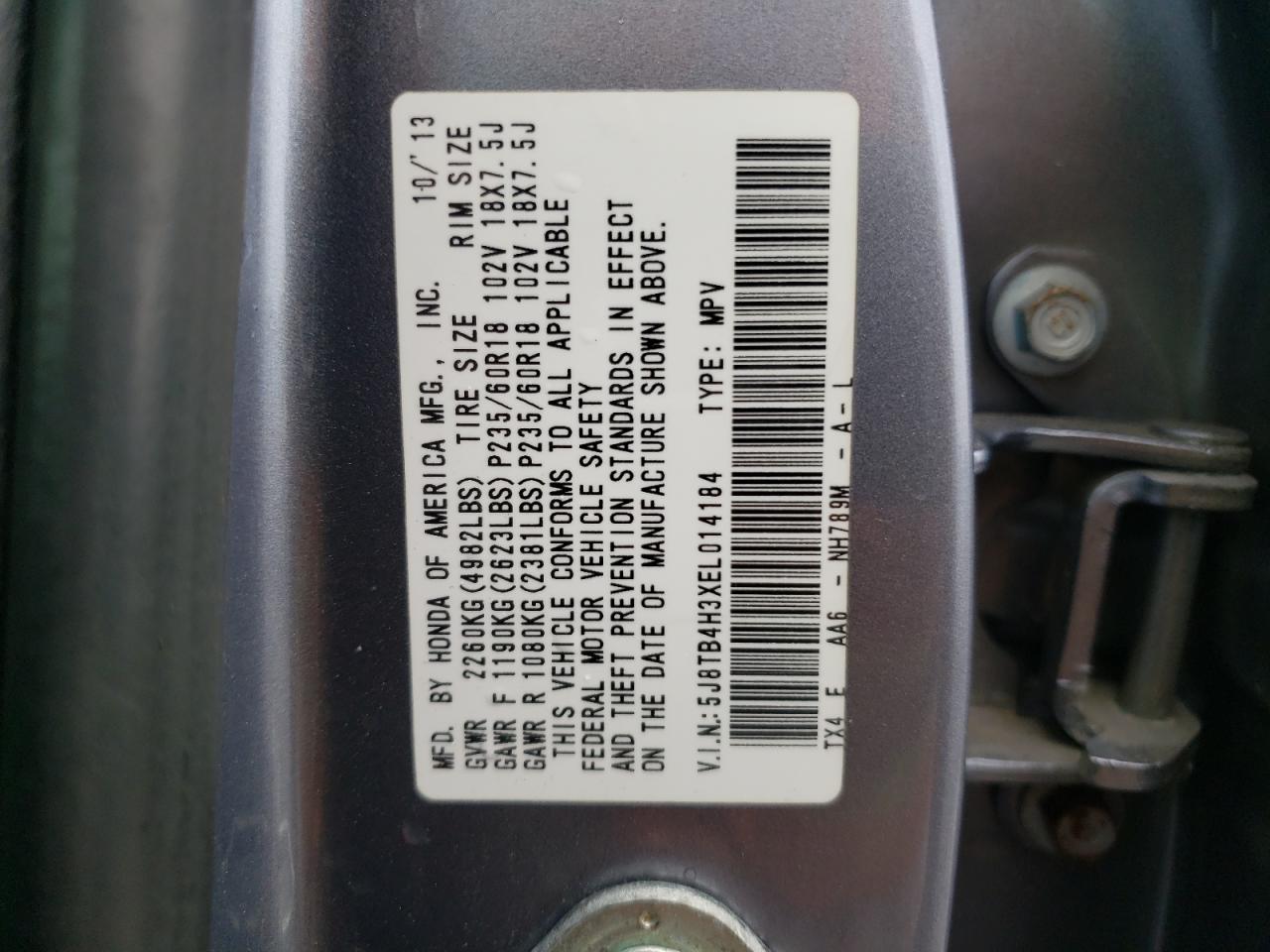 2014 Acura Rdx VIN: 5J8TB4H3XEL014184 Lot: 57018615