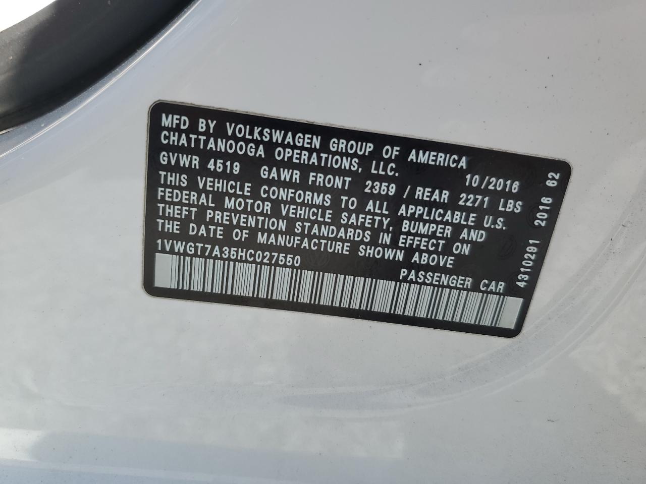 2017 Volkswagen Passat Se VIN: 1VWGT7A35HC027550 Lot: 56913715