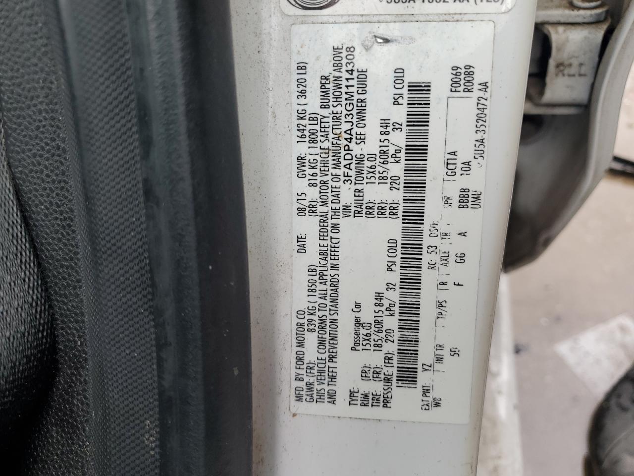 2016 Ford Fiesta S VIN: 3FADP4AJ3GM114308 Lot: 58937005