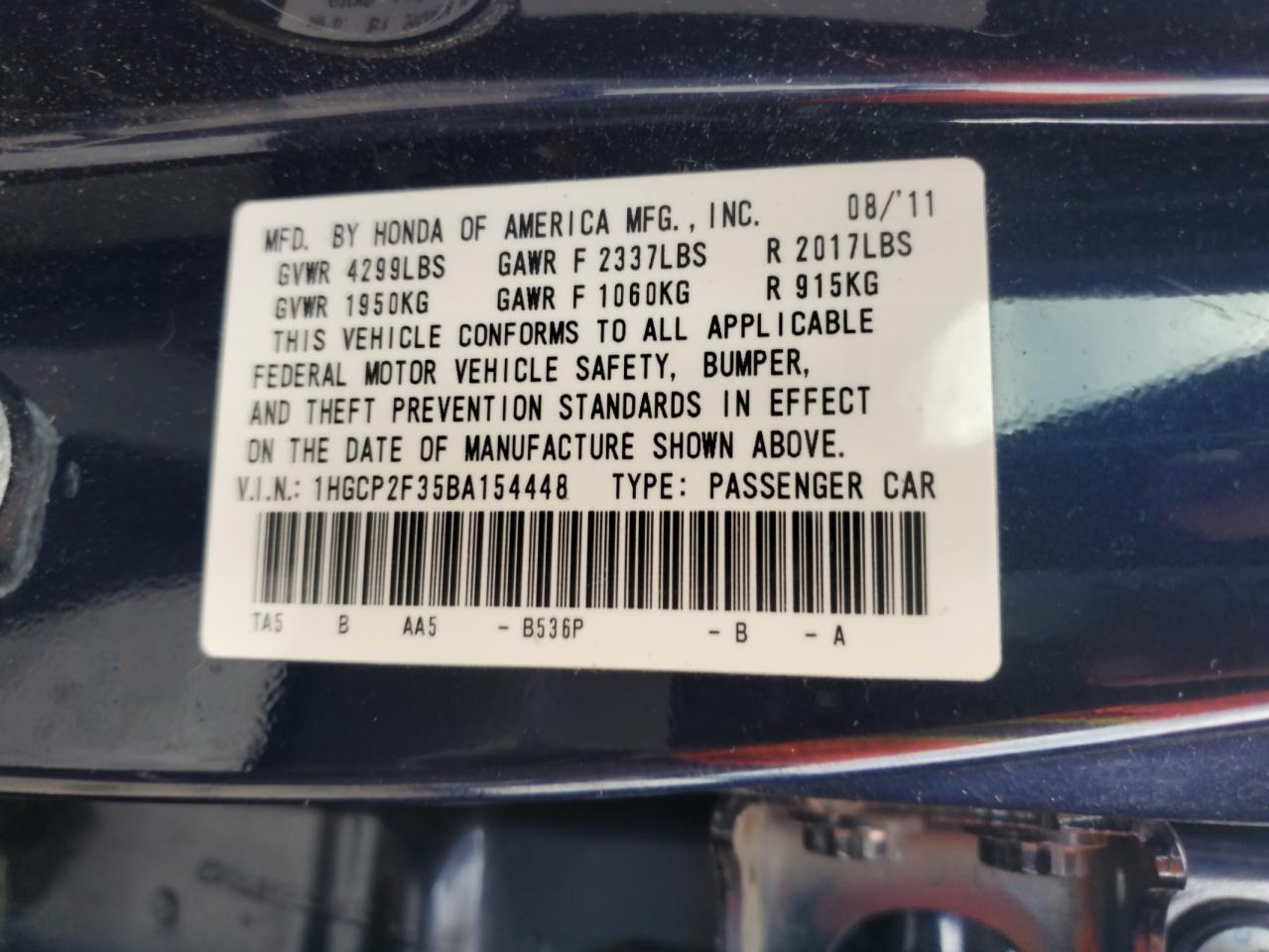 2011 Honda Accord Lx VIN: 1HGCP2F35BA154448 Lot: 56767135
