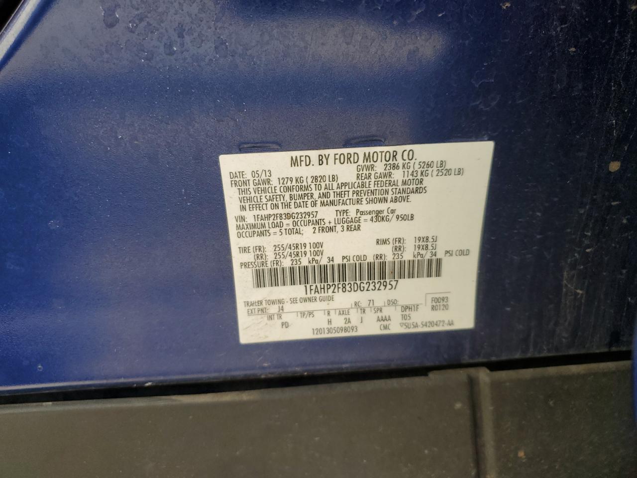 2013 Ford Taurus Limited VIN: 1FAHP2F83DG232957 Lot: 57865385