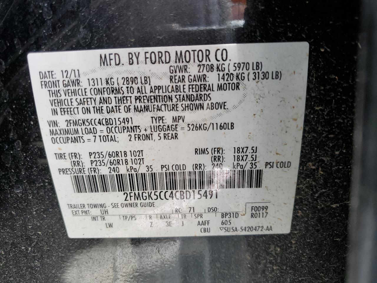 2012 Ford Flex Sel VIN: 2FMGK5CC4CBD15491 Lot: 56881425