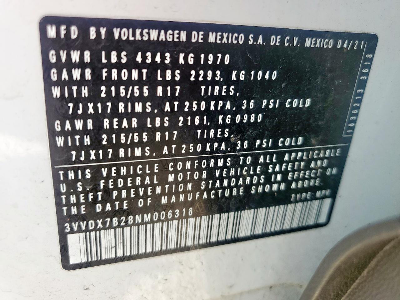 2022 Volkswagen Taos S VIN: 3VVDX7B28NM006316 Lot: 57313175