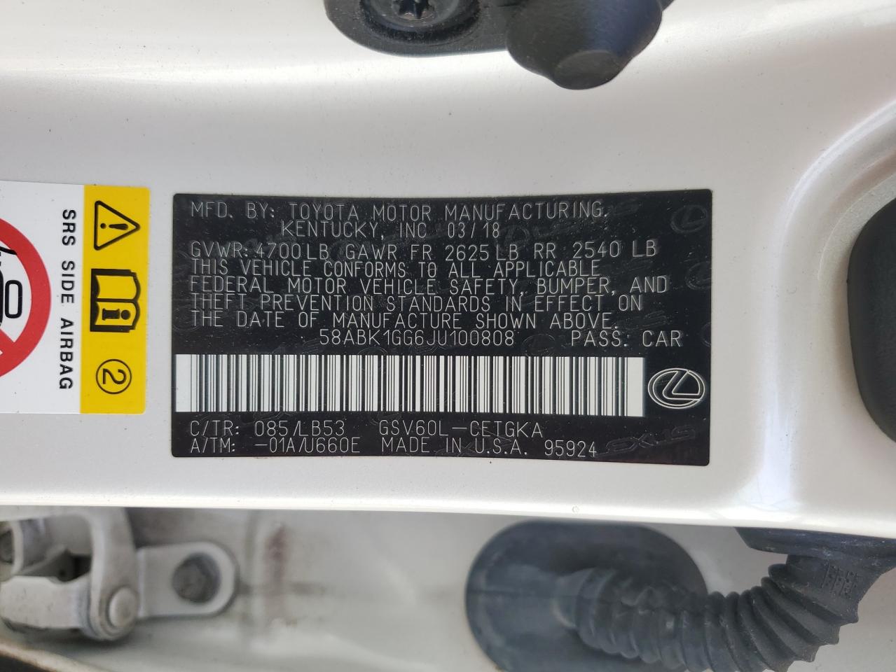 2018 Lexus Es 350 VIN: 58ABK1GG6JU100808 Lot: 56159275