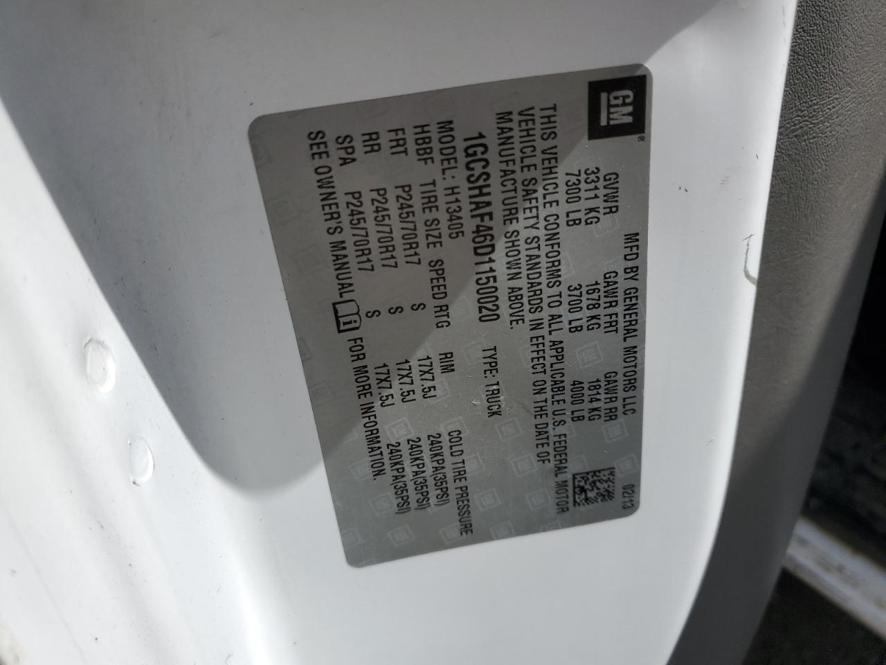 2013 Chevrolet Express G1500 VIN: 1GCSHAF46D1150020 Lot: 55818085