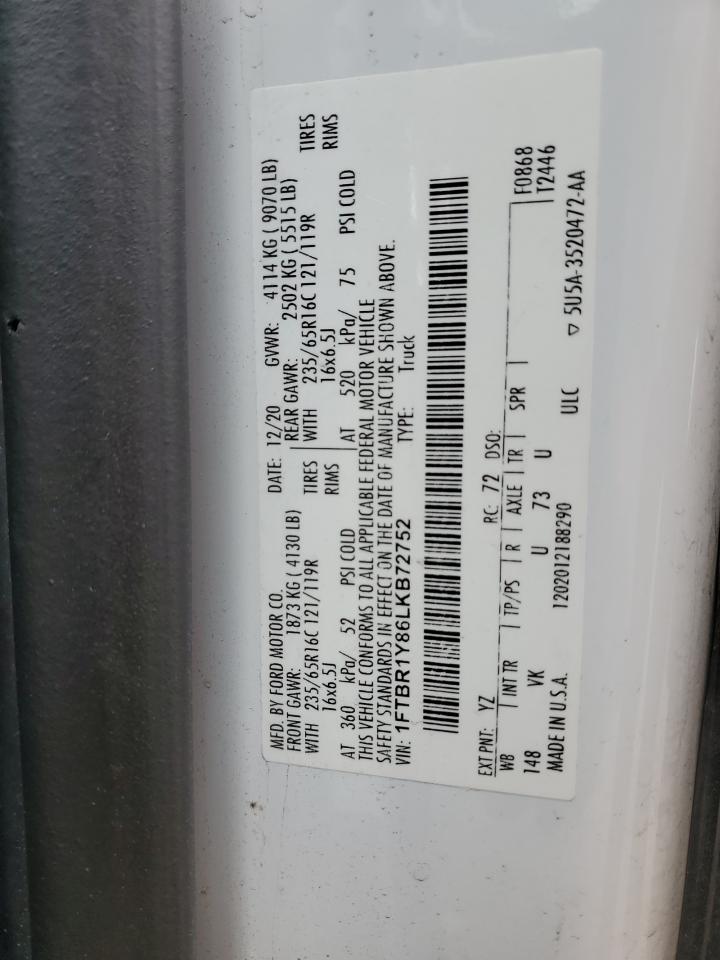 2020 Ford Transit T-250 VIN: 1FTBR1Y86LKB72752 Lot: 57401445