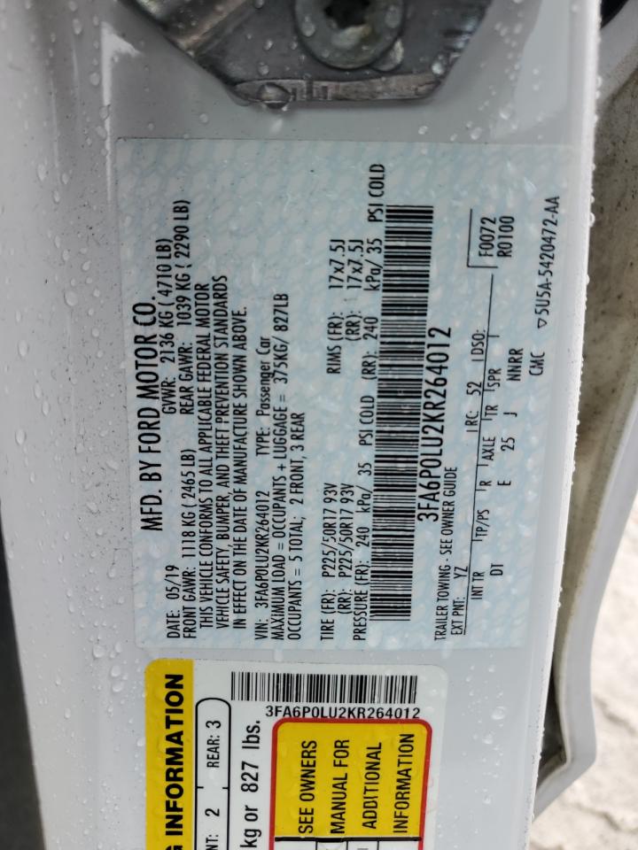 2019 Ford Fusion Se VIN: 3FA6P0LU2KR264012 Lot: 54030345