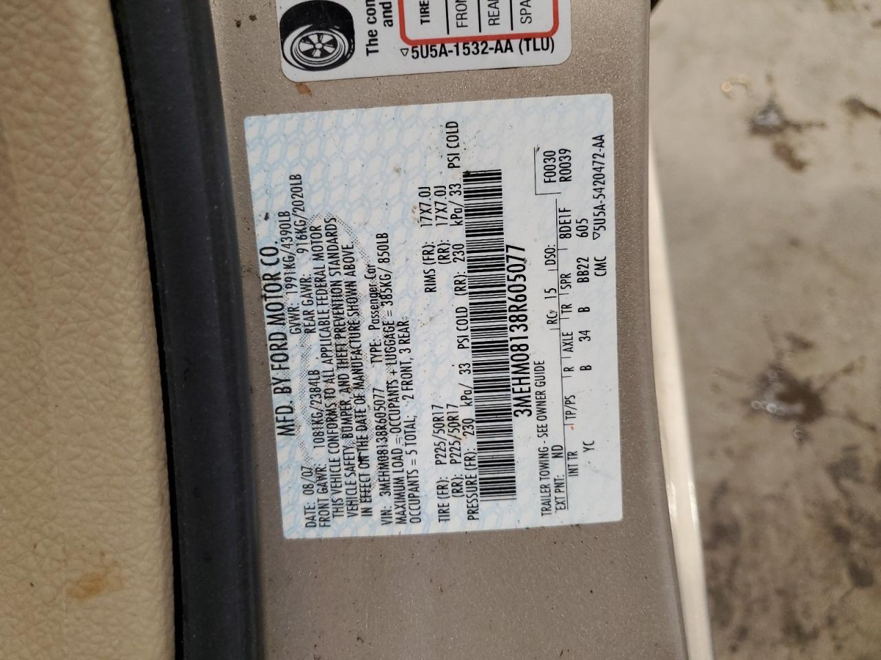 2008 Mercury Milan Premier VIN: 3MEHM08138R605077 Lot: 55986635