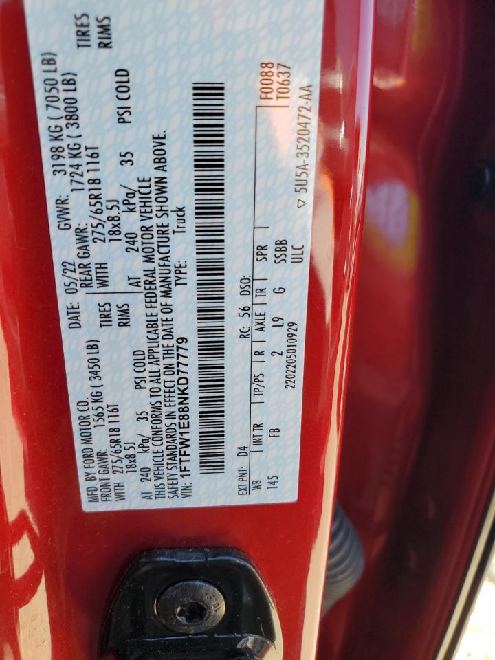 2022 Ford F150 Supercrew VIN: 1FTFW1E88NKD77779 Lot: 55943395