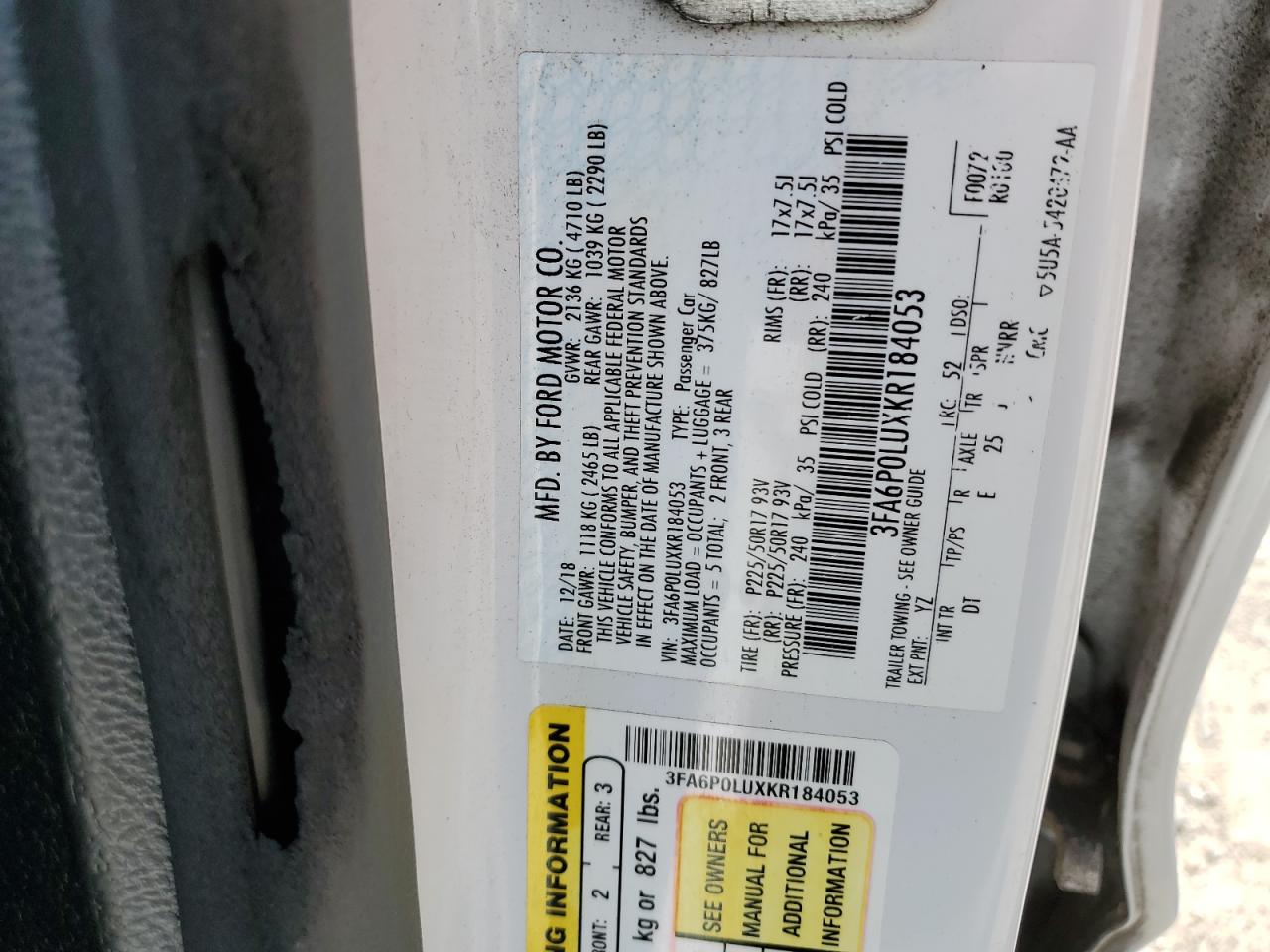 2019 Ford Fusion Se VIN: 3FA6P0LUXKR184053 Lot: 54042905