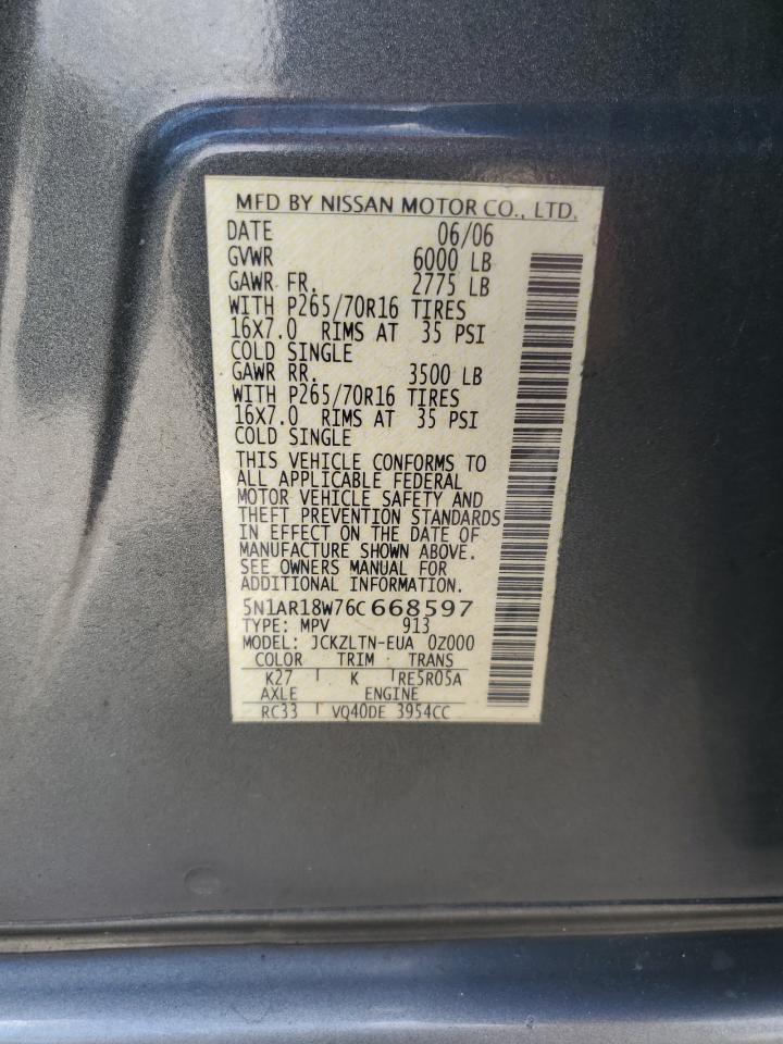 2006 Nissan Pathfinder Le VIN: 5N1AR18W76C668597 Lot: 56139745