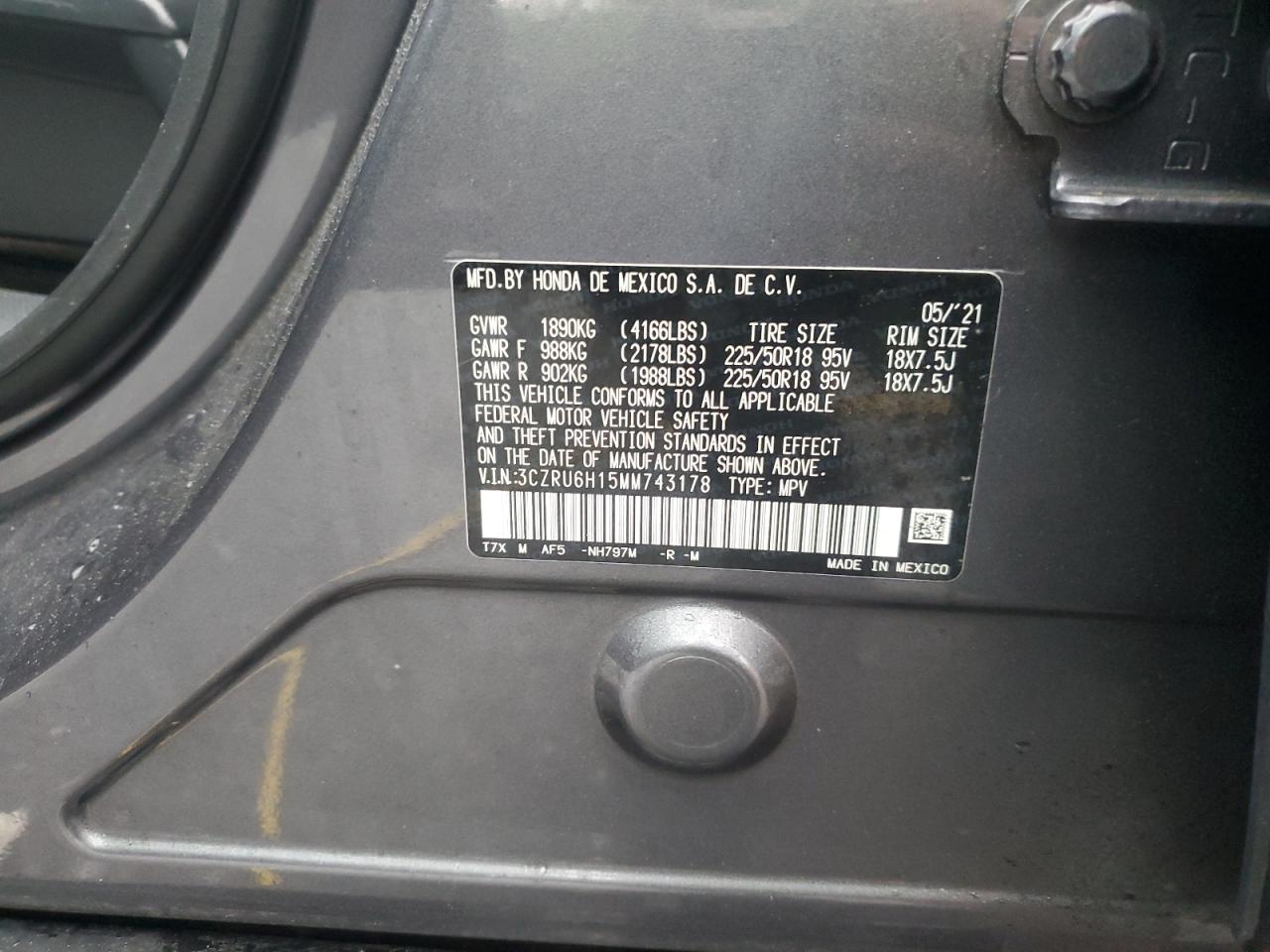 2021 Honda Hr-V Sport VIN: 3CZRU6H15MM743178 Lot: 56040385