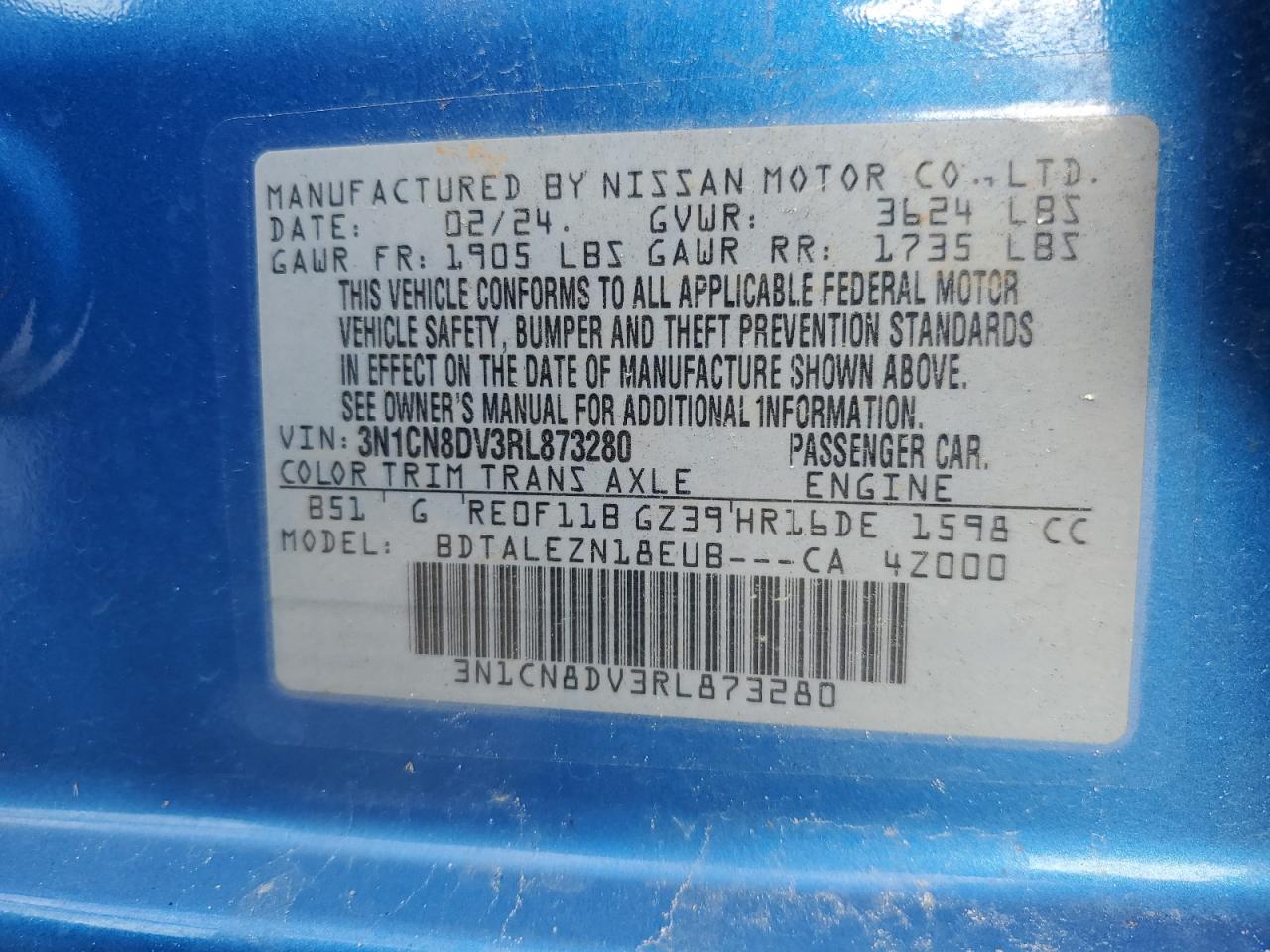 2024 Nissan Versa S VIN: 3N1CN8DV3RL873280 Lot: 58765015