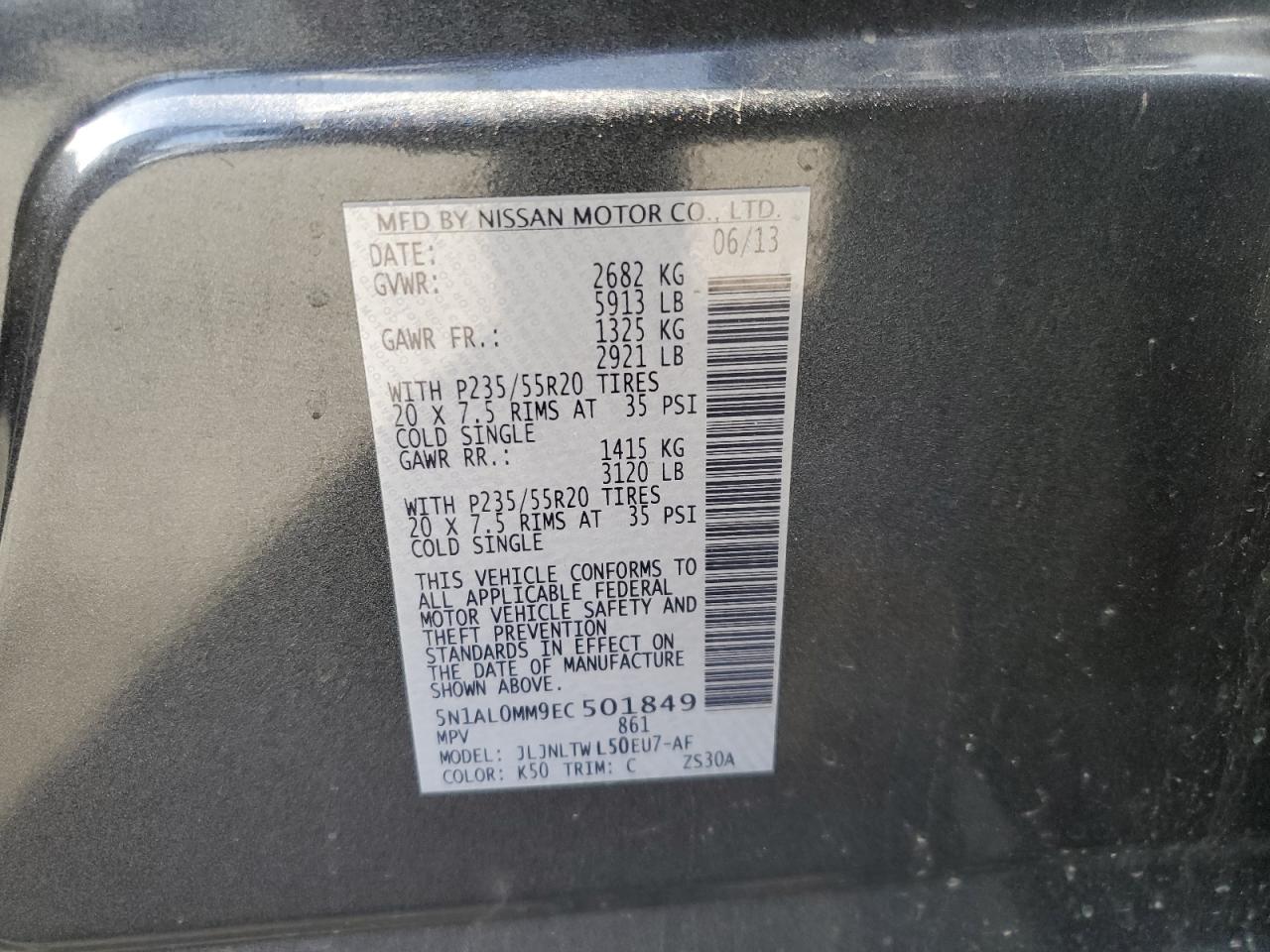 2014 Infiniti Qx60 VIN: 5N1AL0MM9EC501849 Lot: 57150975