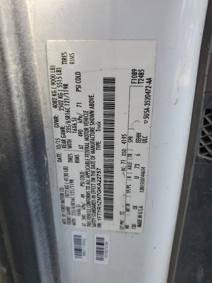 2016 Ford Transit T-250 VIN: 1FTYR1ZM7GKA22757 Lot: 56922615