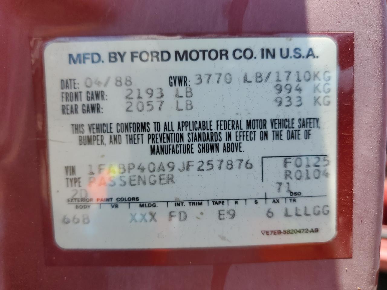 1988 Ford Mustang Lx VIN: 1FABP40A9JF257876 Lot: 56777285