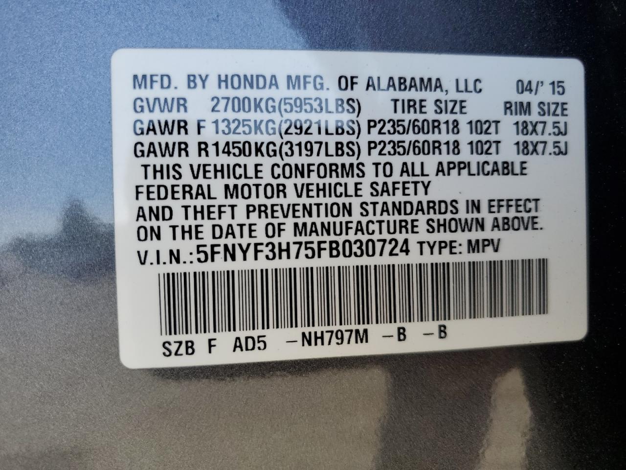2015 Honda Pilot Exln VIN: 5FNYF3H75FB030724 Lot: 57457575
