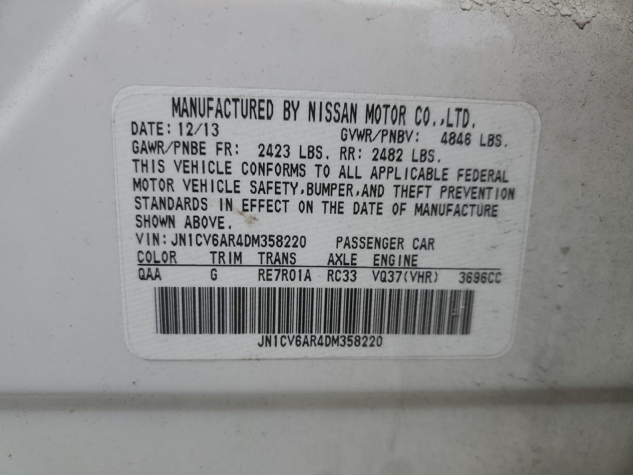 2013 Infiniti G37 VIN: JN1CV6AR4DM358220 Lot: 56160705