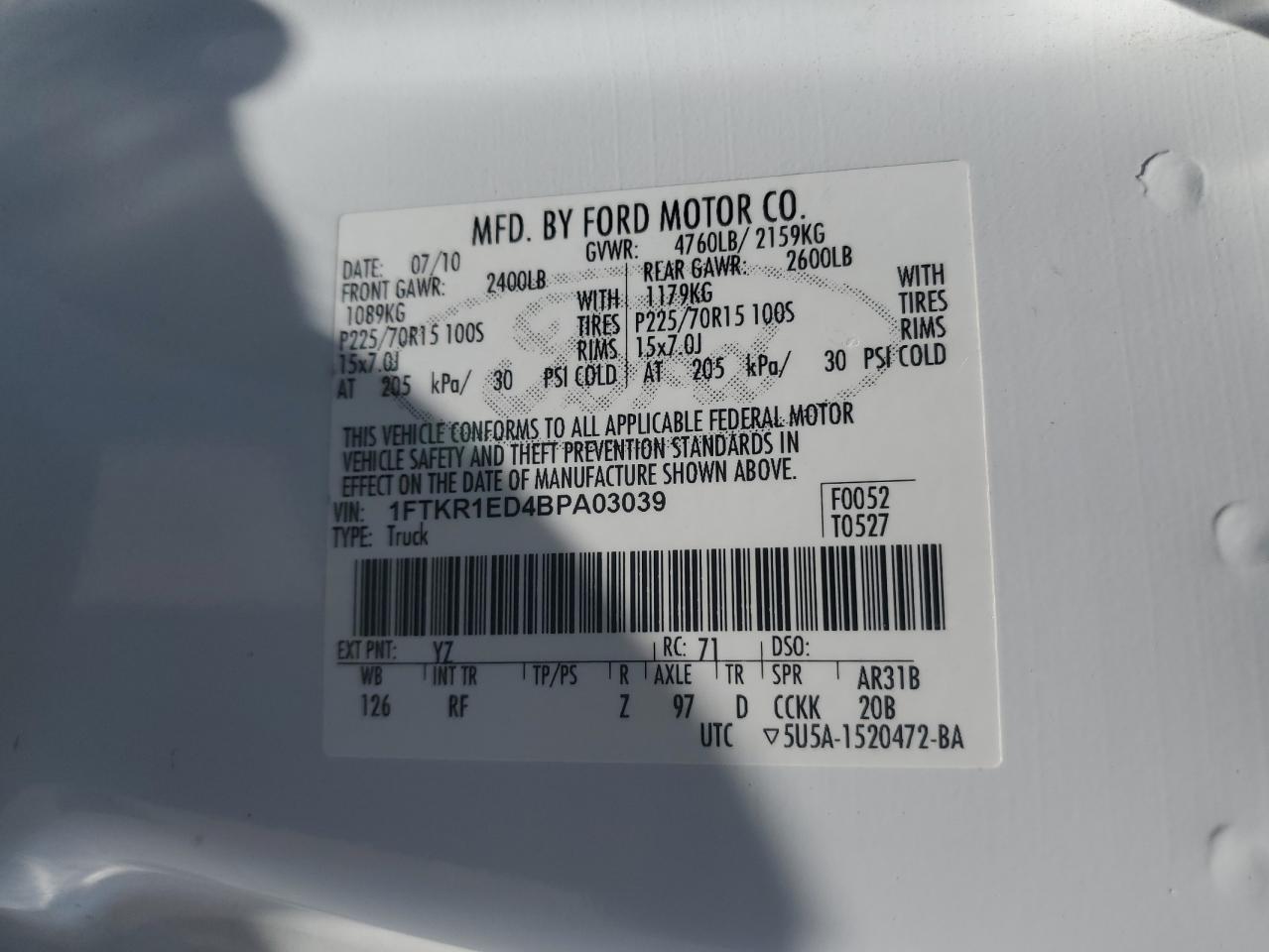 2011 Ford Ranger Super Cab VIN: 1FTKR1ED4BPA03039 Lot: 59016765