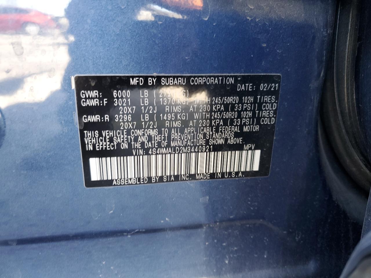 2021 Subaru Ascent Limited VIN: 4S4WMALD2M3440921 Lot: 56855405