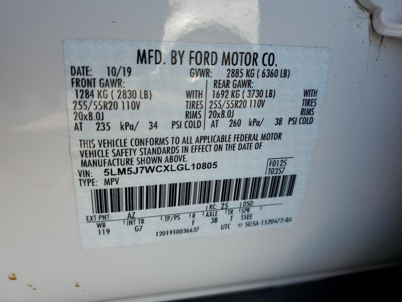 2020 Lincoln Aviator Reserve VIN: 5LM5J7WCXLGL10805 Lot: 56521375