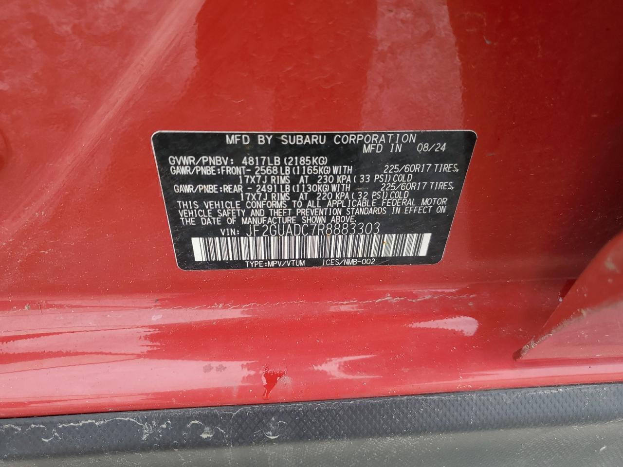 2024 Subaru Crosstrek Premium VIN: JF2GUADC7R8883303 Lot: 57589995