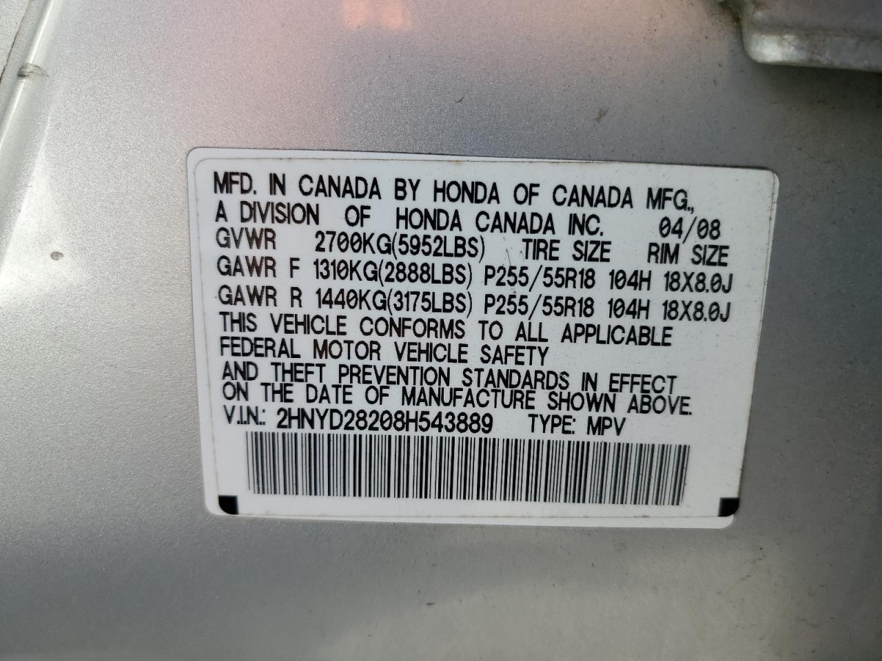 2008 Acura Mdx VIN: 2HNYD28208H543889 Lot: 56794645