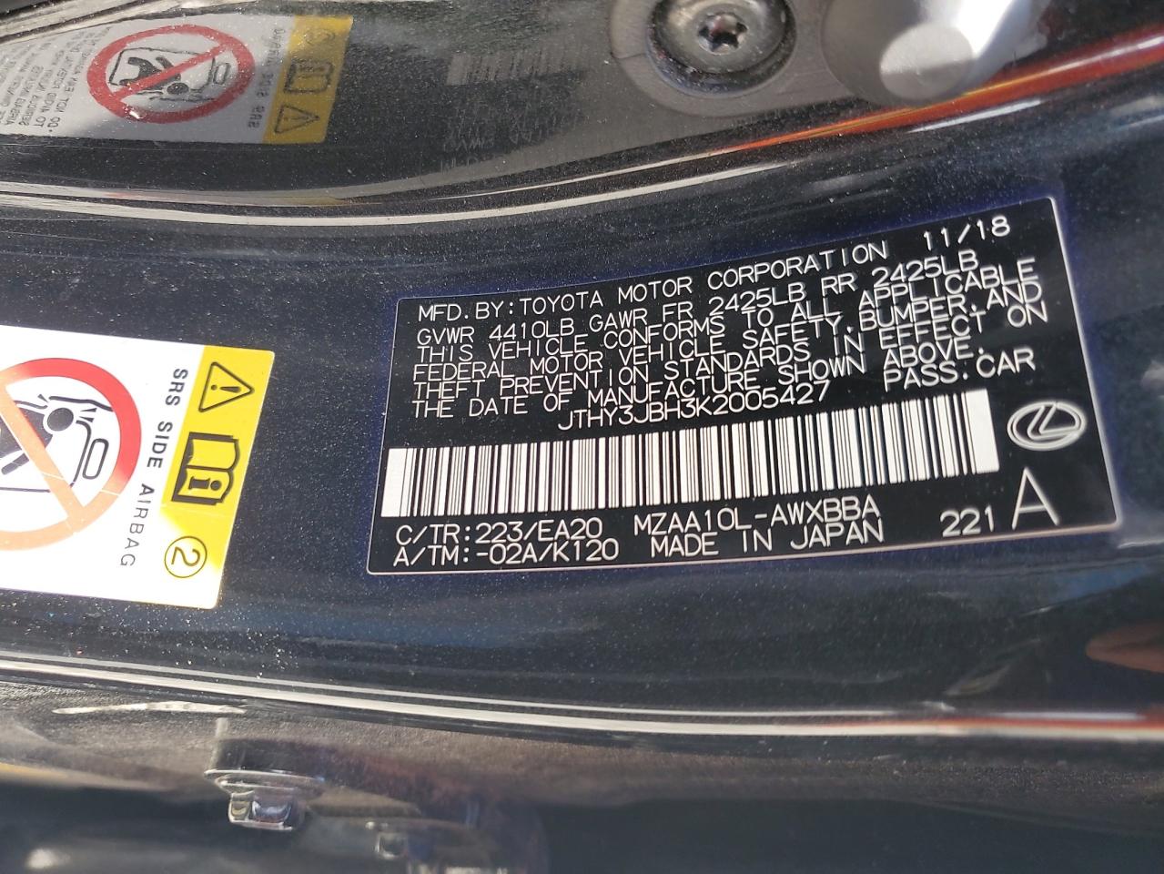 2019 Lexus Ux 200 VIN: JTHY3JBH3K2005427 Lot: 56240215