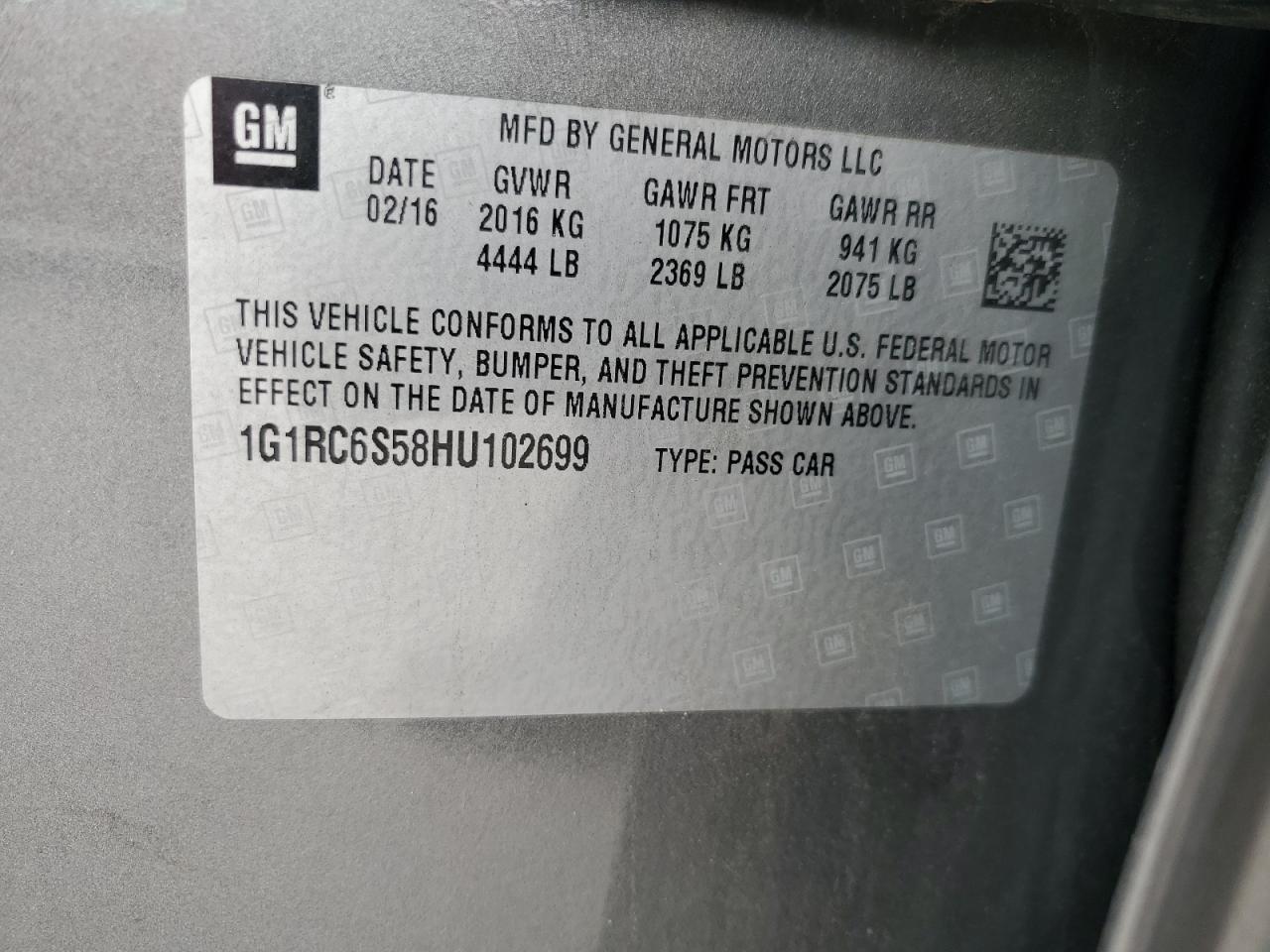 2017 Chevrolet Volt Lt VIN: 1G1RC6S58HU102699 Lot: 56576365