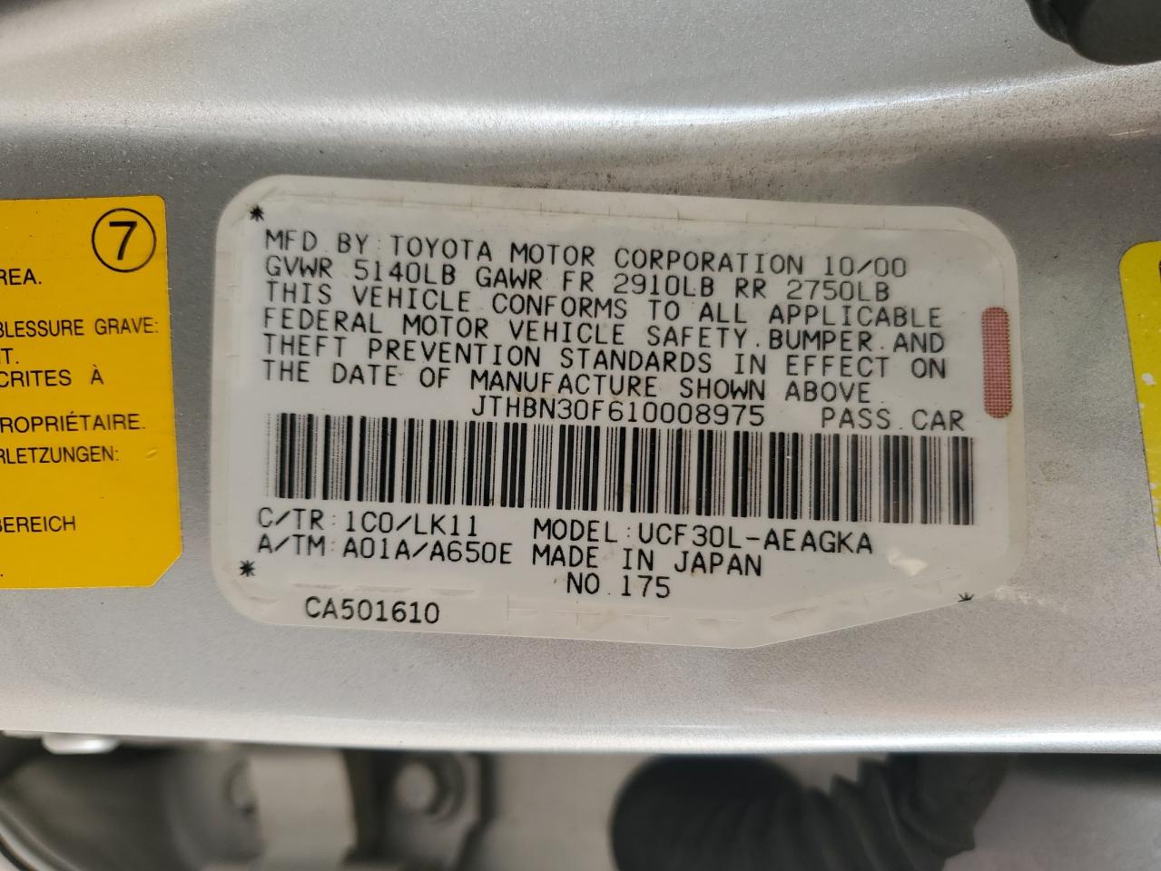 2001 Lexus Ls 430 VIN: JTHBN30F610008975 Lot: 57186565