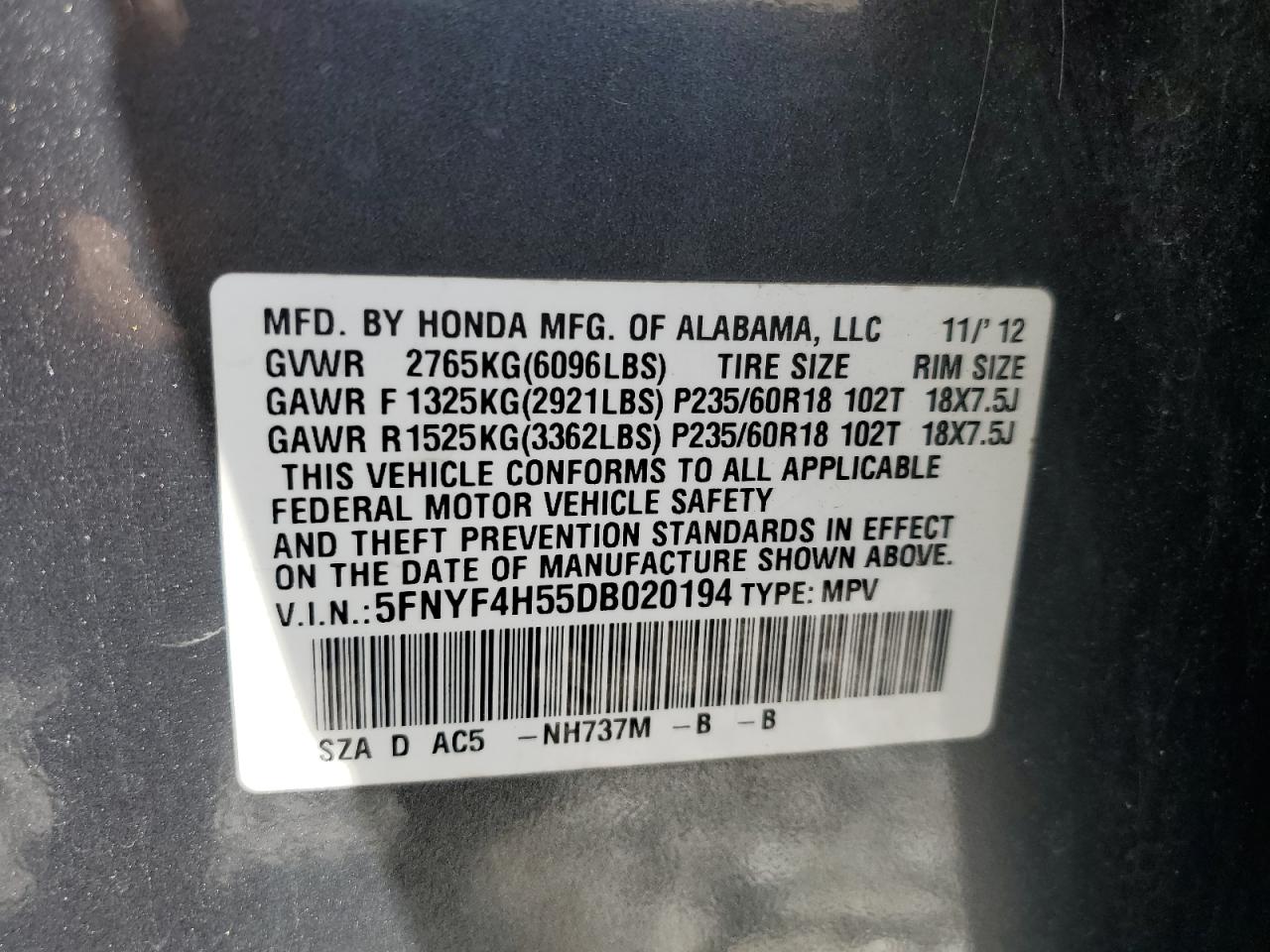 2013 Honda Pilot Exl VIN: 5FNYF4H55DB020194 Lot: 58180805