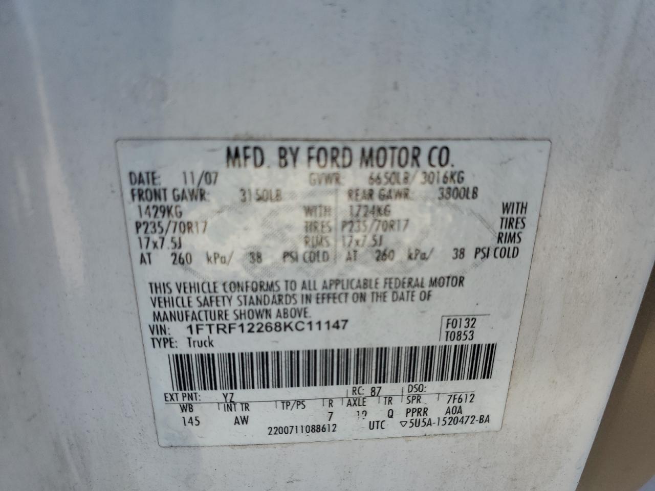 2008 Ford F150 VIN: 1FTRF12268KC11147 Lot: 57423695