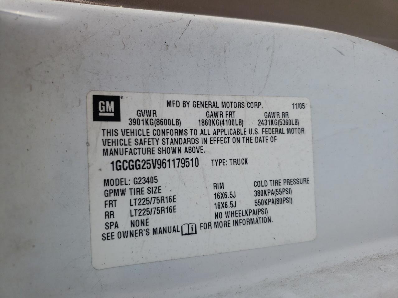 2006 Chevrolet Express G2500 VIN: 1GCGG25V961179510 Lot: 57423775