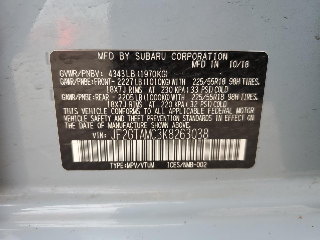 2019 Subaru Crosstrek Limited VIN: JF2GTAMC3K8263038 Lot: 56880165