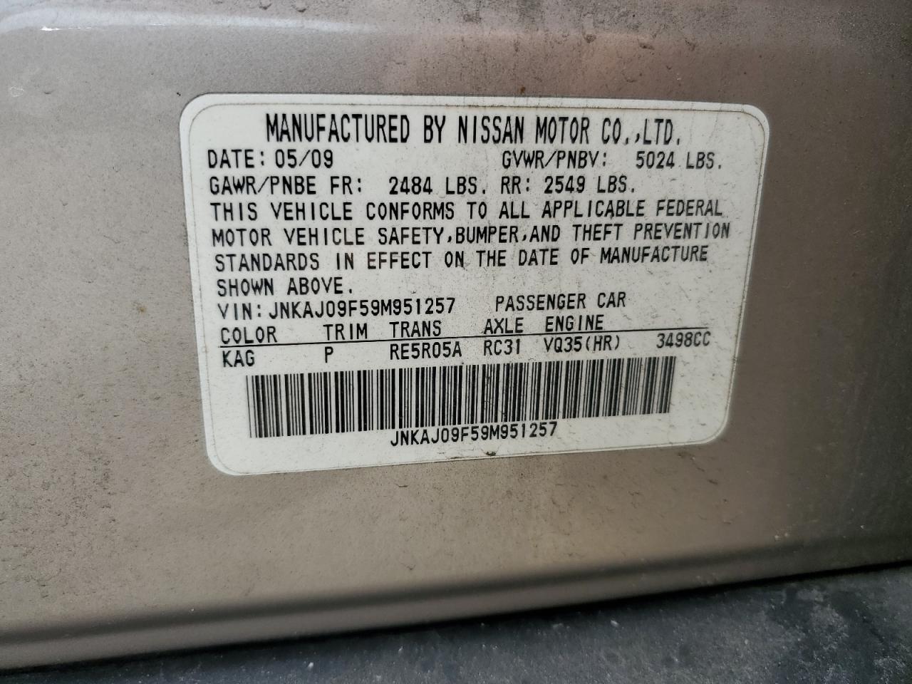 2009 Infiniti Ex35 Base VIN: JNKAJ09F59M951257 Lot: 56629665