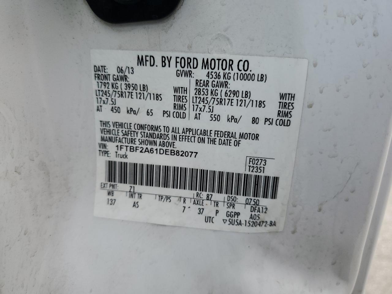 2013 Ford F250 Super Duty VIN: 1FTBF2A61DEB82077 Lot: 54871425