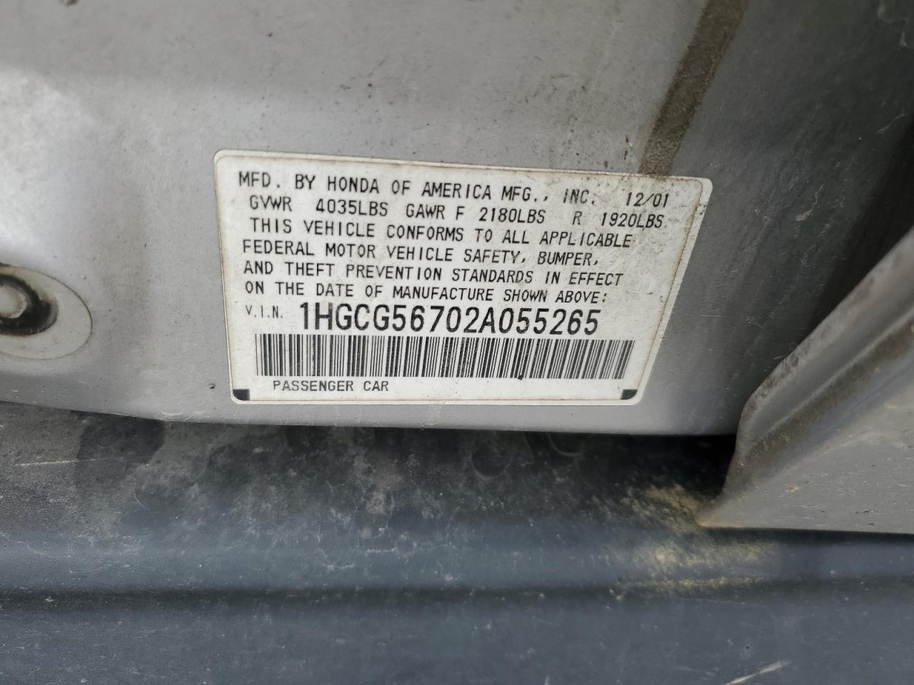 2002 Honda Accord Se VIN: 1HGCG56702A055265 Lot: 57172985