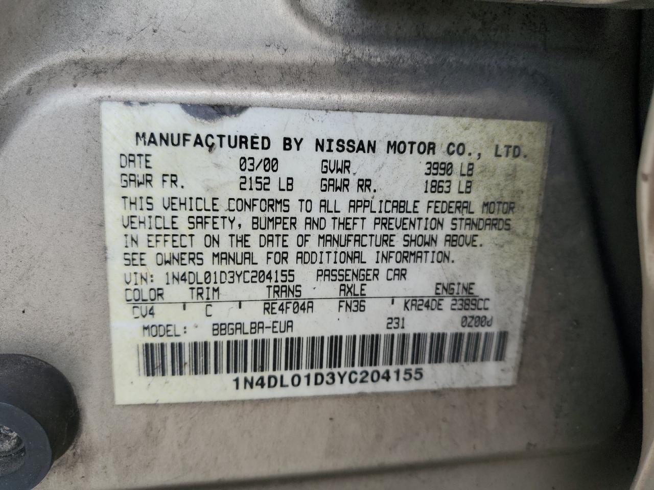 2000 Nissan Altima Xe VIN: 1N4DL01D3YC204155 Lot: 57599465